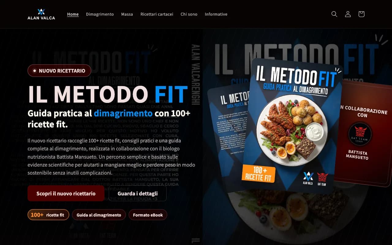 AlanValca ecommerce homepage featuring the Il Metodo Fit cookbook, product description and purchase buttons