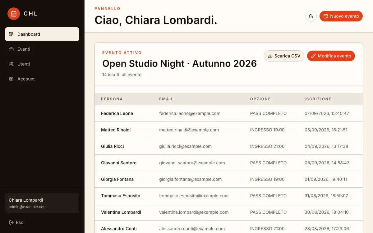 Dashboard con evento attivo, tabella iscritti con persona, email, opzione e data, e pulsante Scarica CSV