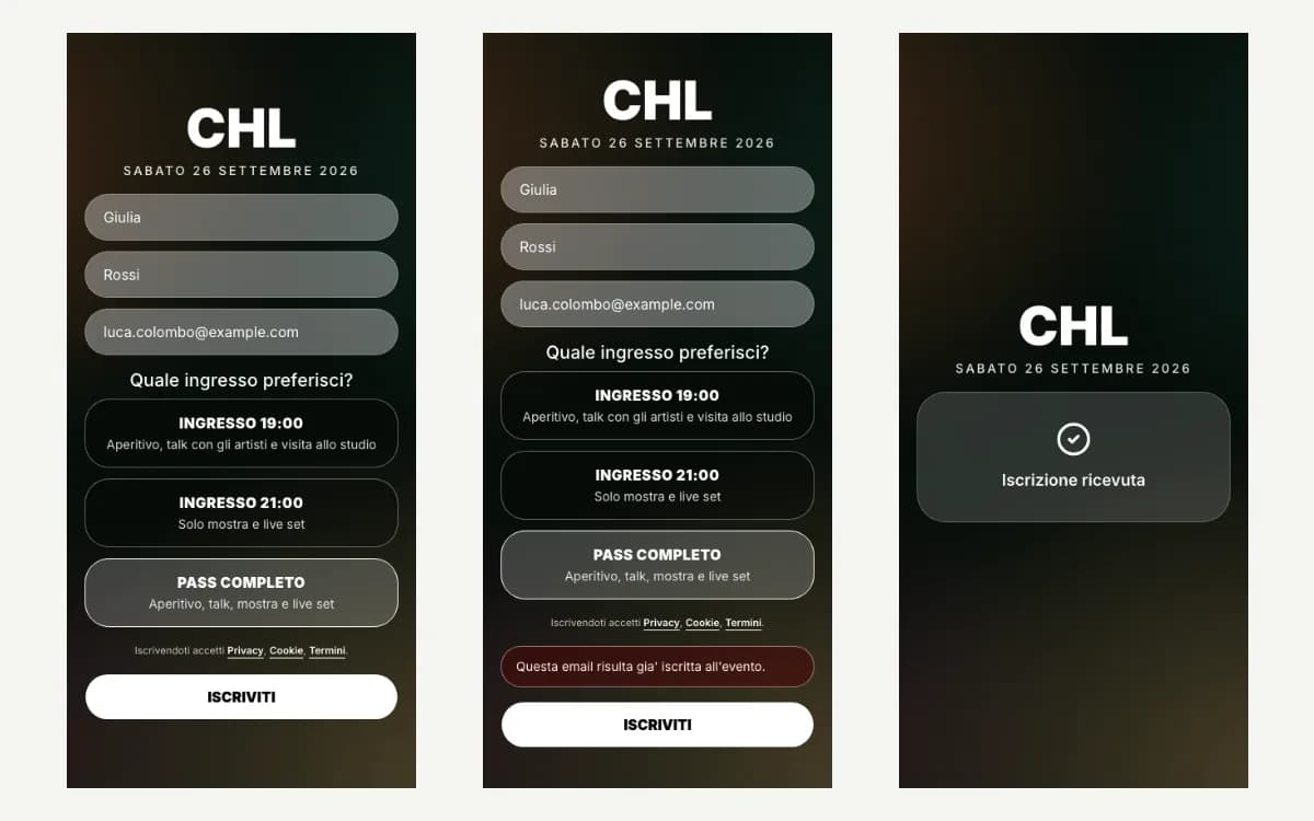 Tre schermate mobile affiancate: form compilato, errore email già iscritta, conferma Iscrizione ricevuta