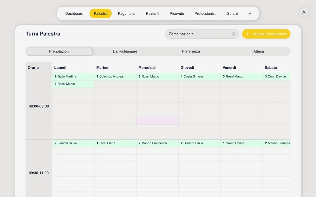 Weekly gym shift grid Monday to Saturday by time slot, with tabs for callbacks, priority and waiting list
