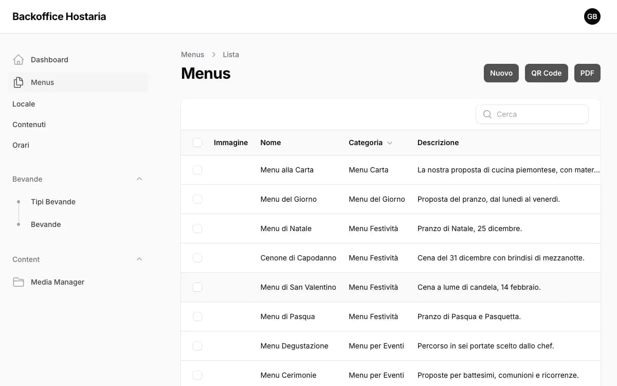 Back office with the restaurant menus table: name, category, description and New, QR Code and PDF buttons