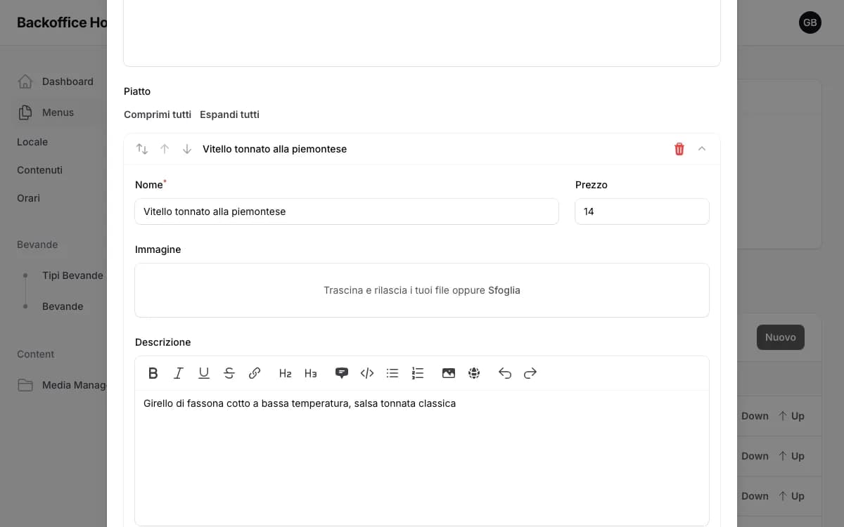 Edit dialog for the Antipasti course with its dishes: name, price, image, description and allergens