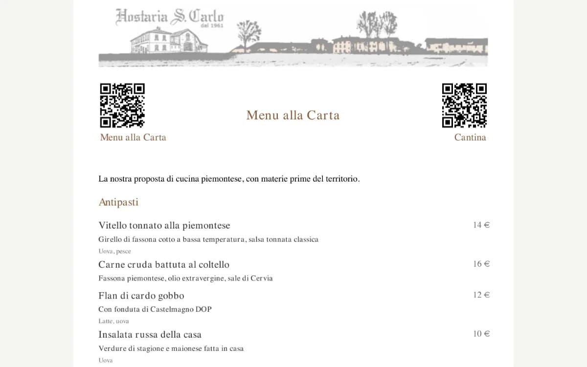 First page of the menu PDF: header with logo, menu and wine list QR codes, Antipasti section with prices