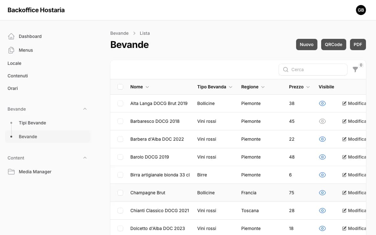 Drinks table with name, type, region, price and visibility icon, with search and filters