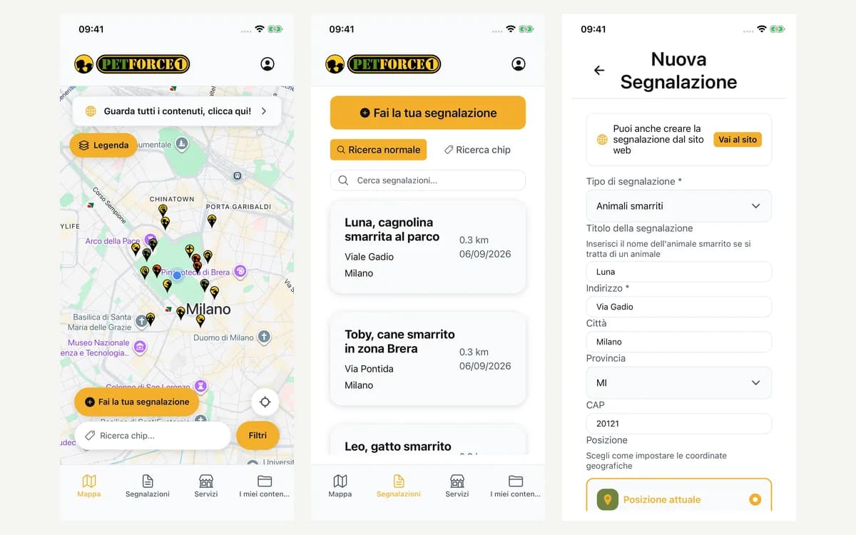 Three app screens: Milan map with reports and services, report list with distances, lost animal report form